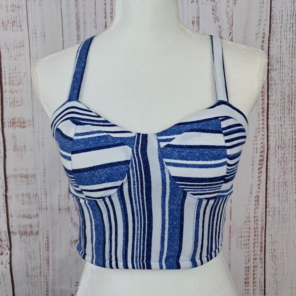 Band of Gypsies S Blue White Striped Bustier Crop‎ Top Smocked Back
